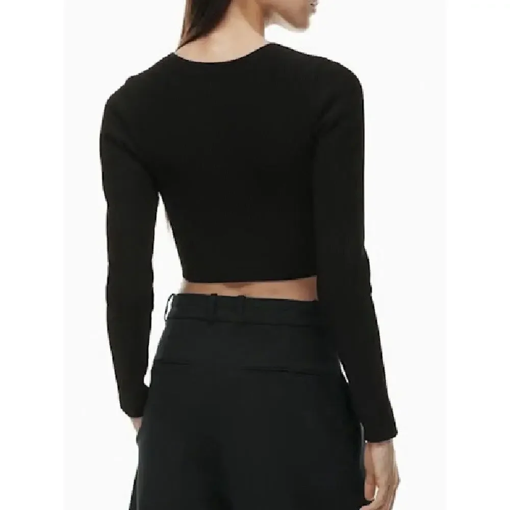 Aritzia Babaton Sculpt Knit Crew Cropped Top Ribbed Long Slv Black Sz XXS